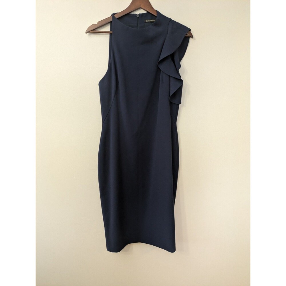 Black Halo Navy Blue Pabla Mock Neck Sheath Dress Ruffle Knee Length Size 8 $415